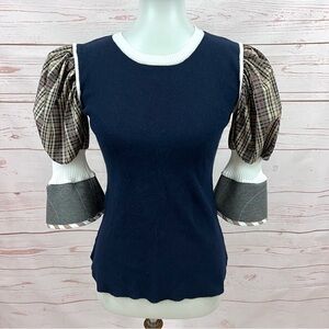 Modcloth Madras Plaid Colorblock Puff Sleeve Sweater